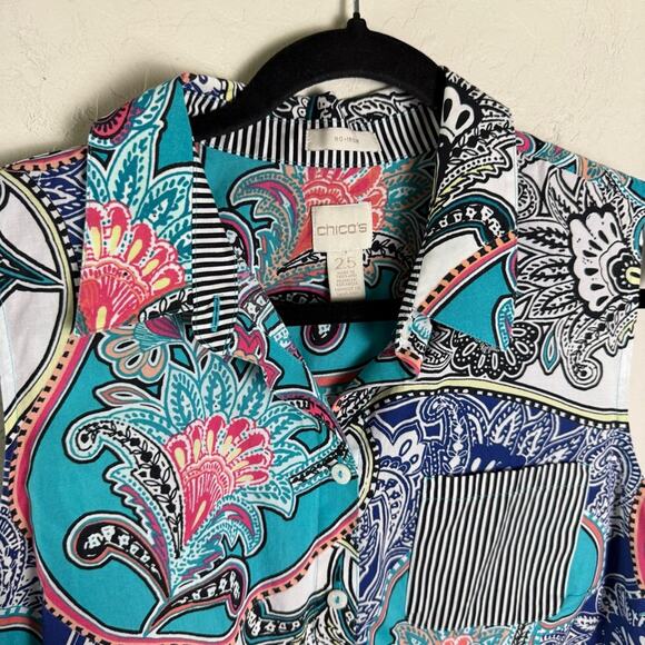 Chico's No-Iron Sleeveless Paisley and Stripes Button-Back Shirt Size 2.5 (L 14) - Picture 4 of 12